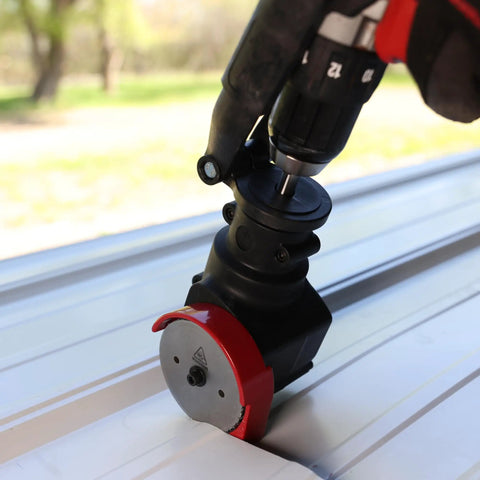 TurboShear TSPC1 Rotary Panel Cutter Drill Attachment for Cutting Metal Vinyl and Ribbed Roofing and Wall Panels in use