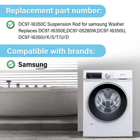 Front-load washer beside suspension rod replacement details for 4 Pack DC97-16350 Series Suspension Rods Replacement Kit For Front Load Washers Easy Install Replaces DC97-05280W DC97-16350E DC97-16350U DC97-16350S DC97-16350J DC97-16350K DC97-16350T Fits WA45H7000AW WA50R5400AV WA50R5400AW WA50R5200AW
