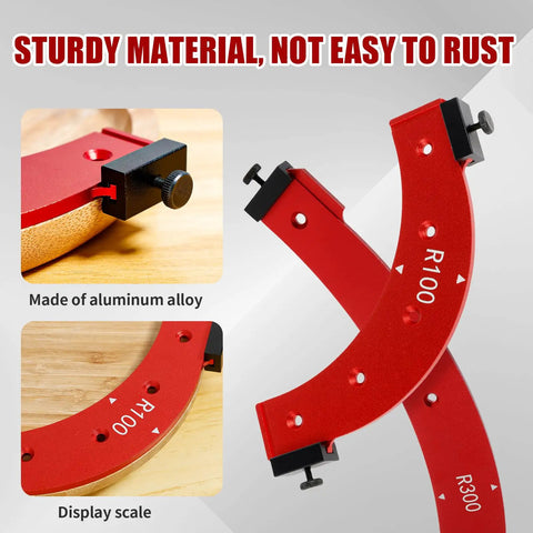No Sweat Five Piece Round Corner Radius Template Set Tough Aluminum Alloy Router Jig displaying precision scales R100 and R300.