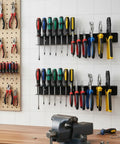 2 Pack Screwdriver Organizer Wall Mount Set With 28 Tool Capacity 14 Top And Bottom Holes Per Holder Metal Pliers Organizer Fifteen Point Eight Inch Long Space Saving Storage For Garage Workshop And Home Workbench