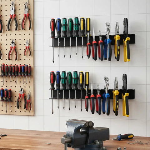 2 Pack Screwdriver Organizer Wall Mount Set With 28 Tool Capacity 14 Top And Bottom Holes Per Holder Metal Pliers Organizer Fifteen Point Eight Inch Long Space Saving Storage For Garage Workshop And Home Workbench