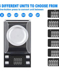 Ultra Precision Milligram Scale 50g/0.001g Pocket Scale with tare and LCD display, showing 6 unit options including g, gn, oz, ozt, ct, dwt