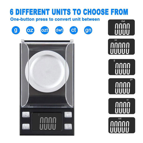 Ultra Precision Milligram Scale 50g/0.001g Pocket Scale with tare and LCD display, showing 6 unit options including g, gn, oz, ozt, ct, dwt