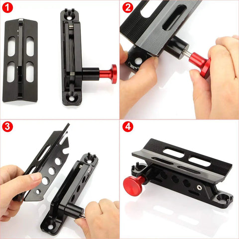 Rugged Aluminum Fire Extinguisher Mount Bracket With Four Clamps For Jeep Wrangler TJ JK JL JKU And UTV Polaris RZR Ranger Quick Release Design One Hand Quick Release Knob in use, demonstrating assembly process.