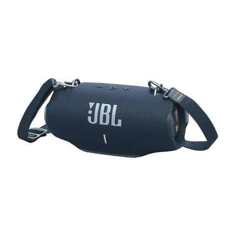 Xtreme 4 Portable Bluetooth Speaker Delivers Beast Mode Sound With Deep Bass, IP67 Waterproof Durability, 24 Hour Playtime, and Powerbank in Blue.