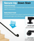 Built Like A Tank 3Ft Metal Industrial Stair Railing With Heavy Duty Black Powder Coated Finish Rust Proof Handrail Support For Indoor Outdoor Workspaces And Country Charm, shown mounted on steps with adjustable angle.