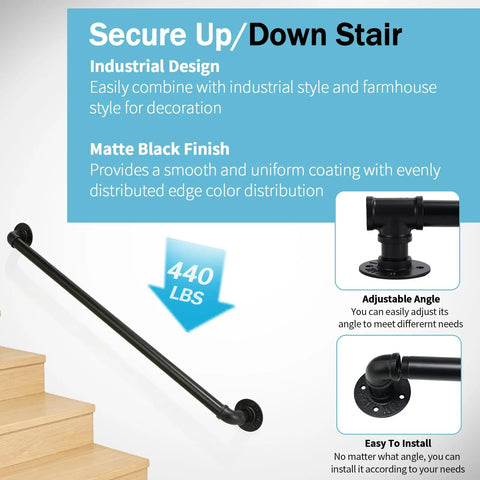 Built Like A Tank 3Ft Metal Industrial Stair Railing With Heavy Duty Black Powder Coated Finish Rust Proof Handrail Support For Indoor Outdoor Workspaces And Country Charm, shown mounted on steps with adjustable angle.