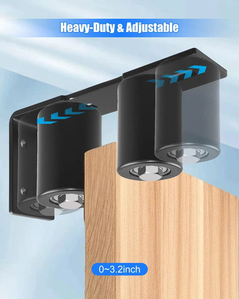3 Inch Adjustable Sliding Gate Guide Roller Set With Built To Last Silent Nylon Wheels And Solid Steel Brackets For Roll Up Barn Garage And Patio Doors Now showing close-up installed on wood door