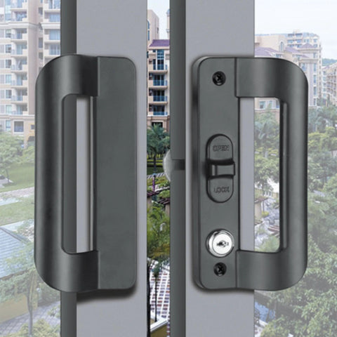 Full Replacement Sliding Door Handle Set For Five And Five Eighths Inch Hole Spacing With Mortise Lock And Key Front And Back Side Black Finish