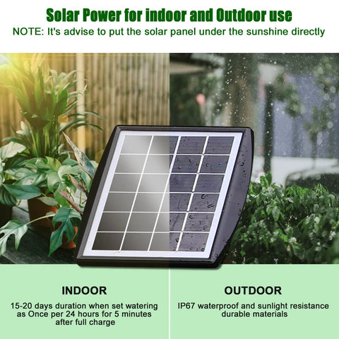 Automatic Drip Irrigation Kit For Pots And Plants With Sun Powered Operation, solar panel in garden setting