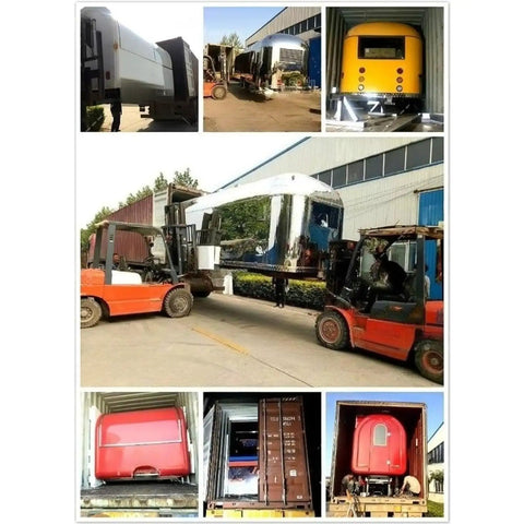 Hustle Ready Mobile Catering Trailer With Full Cooking Line And Spacious Serve Window shown in various shipping stages.