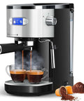 20 Bar Commercial Espresso Machine With Milk Frother And Steam Wand, Compact Home Barista Grade, brewing two cappuccinos
