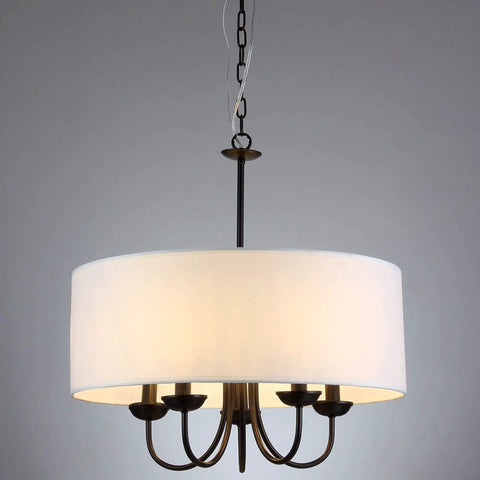 Five-Light Black Finish Chandelier With White Fabric Shade, 22-Inch Diameter, Hot Modern Farmhouse Vibe, ETL Listed Ceiling Fixture
