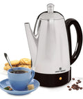 Electric Percolator Coffee Maker With Classic Style, 12 Cup Capacity, Stainless Steel Stem And Basket, Heat Resistant Handle, Detachable Cord, Silver Finish next to a cup of coffee and cookies on a table