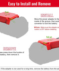 Diagram showing installation and removal for Two Pack Milwaukee 18V Battery Compatible Power Wheel Adapter Kit with fuse and switch.
