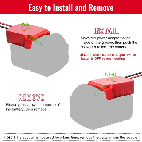 Diagram showing installation and removal for Two Pack Milwaukee 18V Battery Compatible Power Wheel Adapter Kit with fuse and switch.