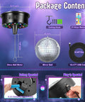 Lit Rotating 6 Inch Mirror Ball Party Light With Motor, 12 RGBW Colors, package contents with motor, ball, cable, remote