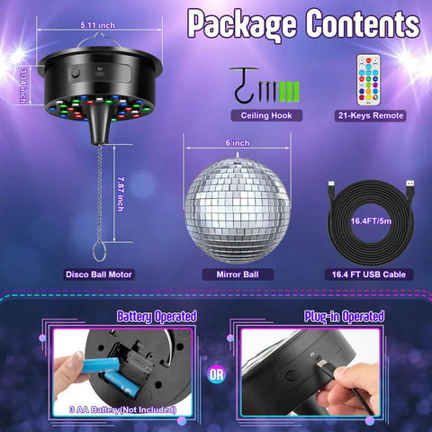 Lit Rotating 6 Inch Mirror Ball Party Light With Motor, 12 RGBW Colors, package contents with motor, ball, cable, remote