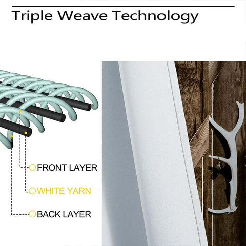 Cross-section of triple weave technology in barn wood door style blackout curtains for kids rooms cozy rustic home decor drapes.