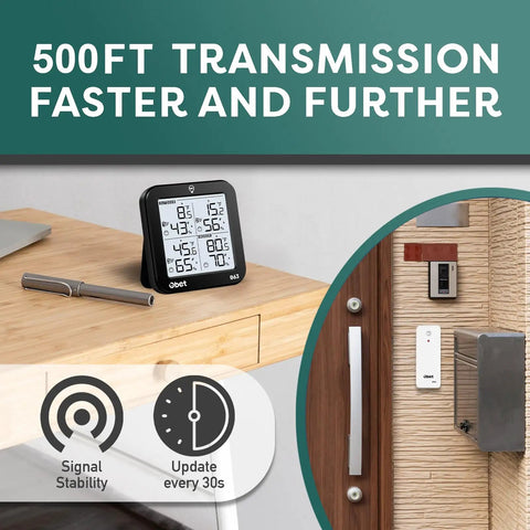 Indoor Outdoor Thermometer Wireless Weather Station With 3 Sensors on desk and installed on door with backlit display.