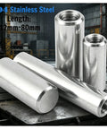 Four 304 stainless steel dowel pins with internal threads, displayed on an industrial tabletop for precision assembly.