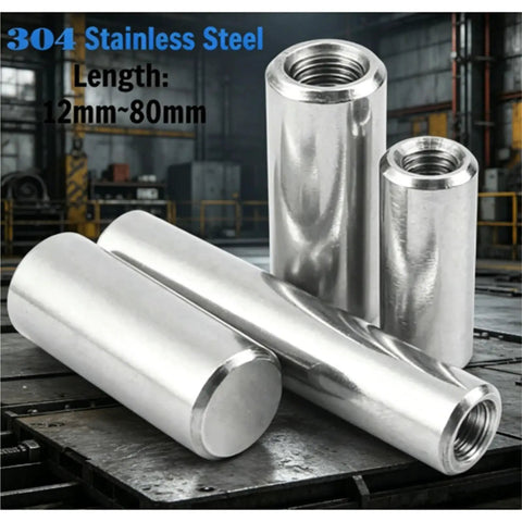 Four 304 stainless steel dowel pins with internal threads, displayed on an industrial tabletop for precision assembly.