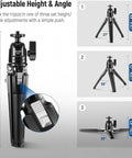 Go-To Mini Metal Table Tripod With 360 Degree Ball Head showing adjustable height and angle options for camera and phone use.