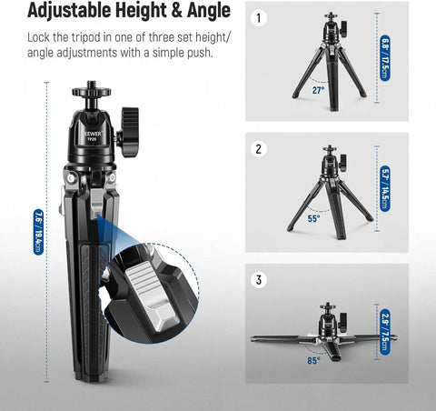 Go-To Mini Metal Table Tripod With 360 Degree Ball Head showing adjustable height and angle options for camera and phone use.