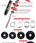 Bicycle bearing press tool kit with red aluminum handle, steel components and bottom bracket adapter rings.