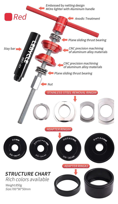 Bicycle bearing press tool kit with red aluminum handle, steel components and bottom bracket adapter rings.