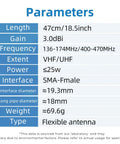 Specifications table for Dual Band Ham Radio Antenna 144 430 MHz High Gain Eighteen And A Half Inch Antenna detailing parameters.