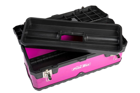 Open 20 Inch Portable Steel Toolbox With Removable Organizer Tray, Metal Latches, Padlock Hasp, Powder Coated Steel