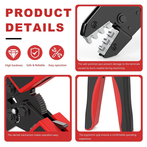 Product details of Easy No Fuss MC4 Solar Crimping Tool With Ratchet Mechanism For AWG 14 12 10 Cables showing precision jaw and ergonomic grip.