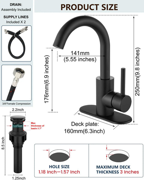Dimensions of Single Hole Bar Sink Faucet Matte Black With 360 Degree Swivel Spout 304 Stainless Steel One Hole Bathroom Vanity