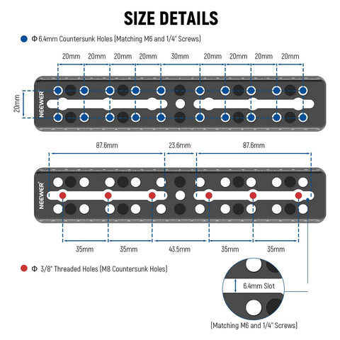 Size diagram of 9 Inch Vixen Style Dovetail Rail Plate with dual countersink slots for balancing gear, M6, 1/4, and 3/8 inch screws