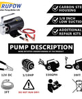 12V DC Mini Portable Water Pump For Sump Drainage, Battery Powered, Beefy 330 GPH Flow, features and components illustrated