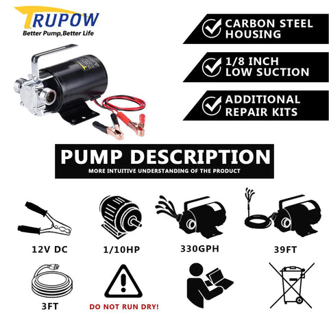 12V DC Mini Portable Water Pump For Sump Drainage, Battery Powered, Beefy 330 GPH Flow, features and components illustrated