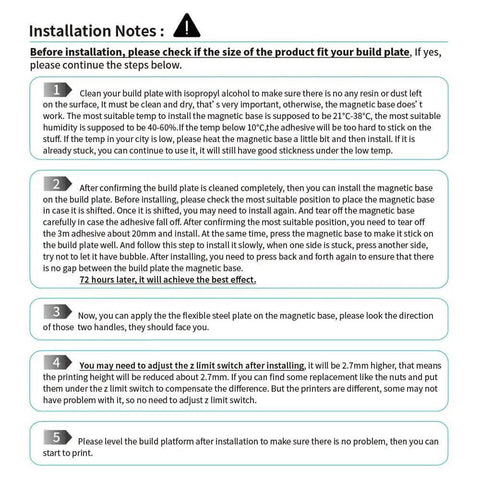 Installation guide for upgraded resin magnetic flexible steel plate bed for 3D printers, steps 1 to 5 shown