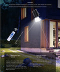 Badass Outdoor Solar Led Flood Lights With Easy Remote Control IP67 Waterproof showing remote control and solar panel for yard lighting.