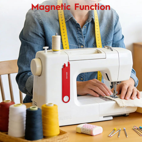 4 In 1 Automatic Sewing Needle Threader With Magnifier And Seam Guide Built In Dual Scale Ruler For Quick Threading Handy For Quilting And Alterations Includes 2 Seam Rippers In Red attached to sewing machine with accessories.