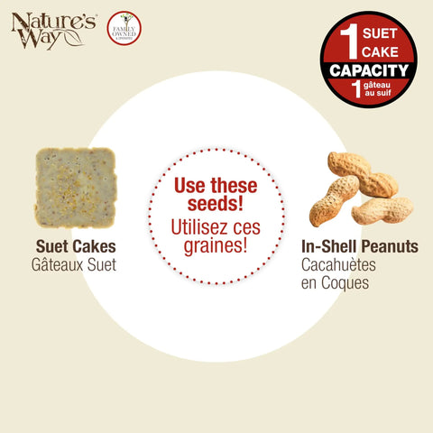 Nature's Way bird seed options including suet cakes and in-shell peanuts.