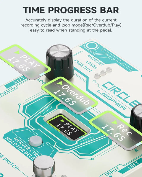 Close-up of Circle Looper Pedal Drum Machine 2 In 1 Dual Loop Studio Pedal for Guitar display showing time progress bar.
