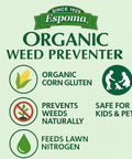 Espoma Organic Weed Preventer label showing benefits: organic corn gluten, feeds lawn nitrogen, safe for kids & pets.