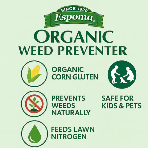 Espoma Organic Weed Preventer label showing benefits: organic corn gluten, feeds lawn nitrogen, safe for kids & pets.