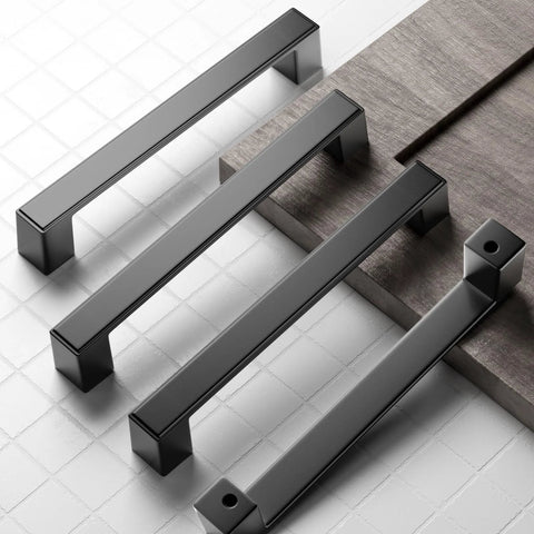 30 Pack 5 Inch Square Matte Black Cabinet Handles For Cabinets Drawers And Dressers, shown on a white tile surface.