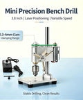3.8 Inch Electric Mini Bench Drill Press With Cast Iron Base For Woodworking Jewelry DIY Metal Drilling Tool Stepless Variable Speed 400 To 4500 RPM And Wide Jaw Capacity Clamping Range, laser positioning detail.
