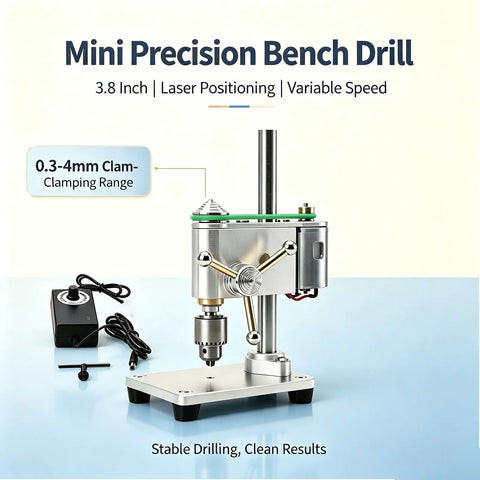 3.8 Inch Electric Mini Bench Drill Press With Cast Iron Base For Woodworking Jewelry DIY Metal Drilling Tool Stepless Variable Speed 400 To 4500 RPM And Wide Jaw Capacity Clamping Range, laser positioning detail.