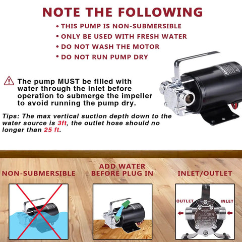 Diagram of Portable 12V DC Water Transfer Pump With Suction Hose Kit, 330 GPH Low Suction, Self Priming instructions and warnings