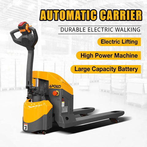 Heavy Duty Apollo Electric Pallet Jack 4400 Lb Capacity Extended Runtime, ergonomic handle and electric lifting, warehouse use.
