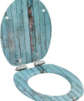 Hella Durable Padded Flannel Toilet Seat Covers With Smooth Soft Close Hinges, blue wood design, round shape for universal fit.